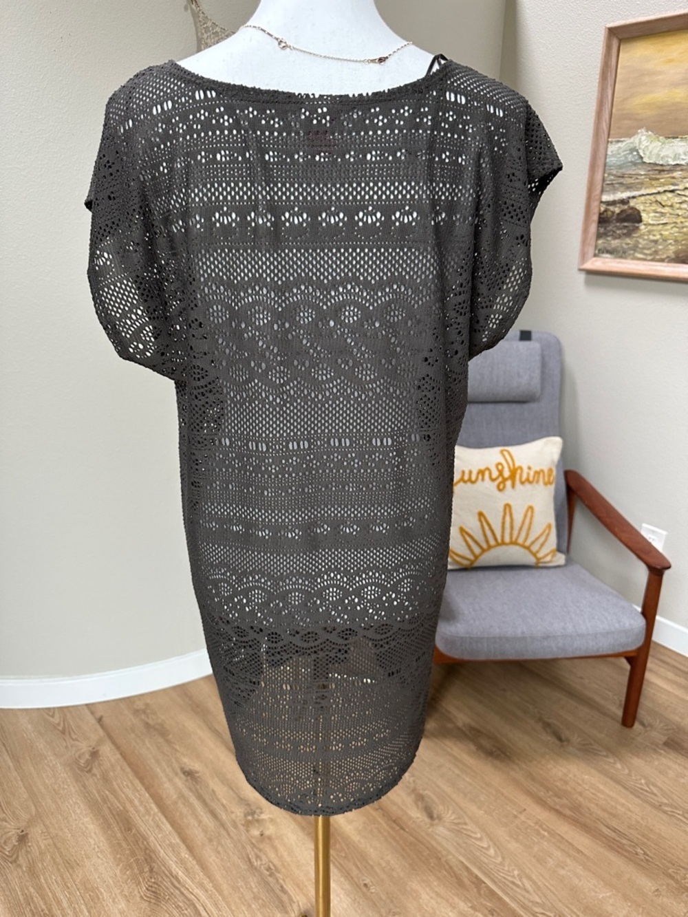 Merona Crochet Lace Tunic swim coverup dress in dark taupe brownish grey - Picture 3 of 7